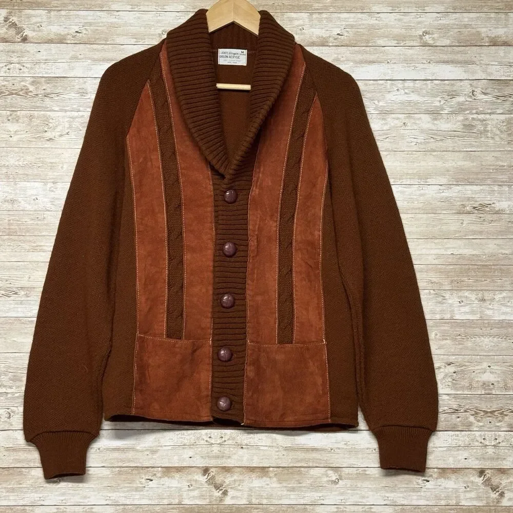 1970s Vintage Brown w Red Suede Front Shawl Cardigan RETRO M Old Grandpa Hipster